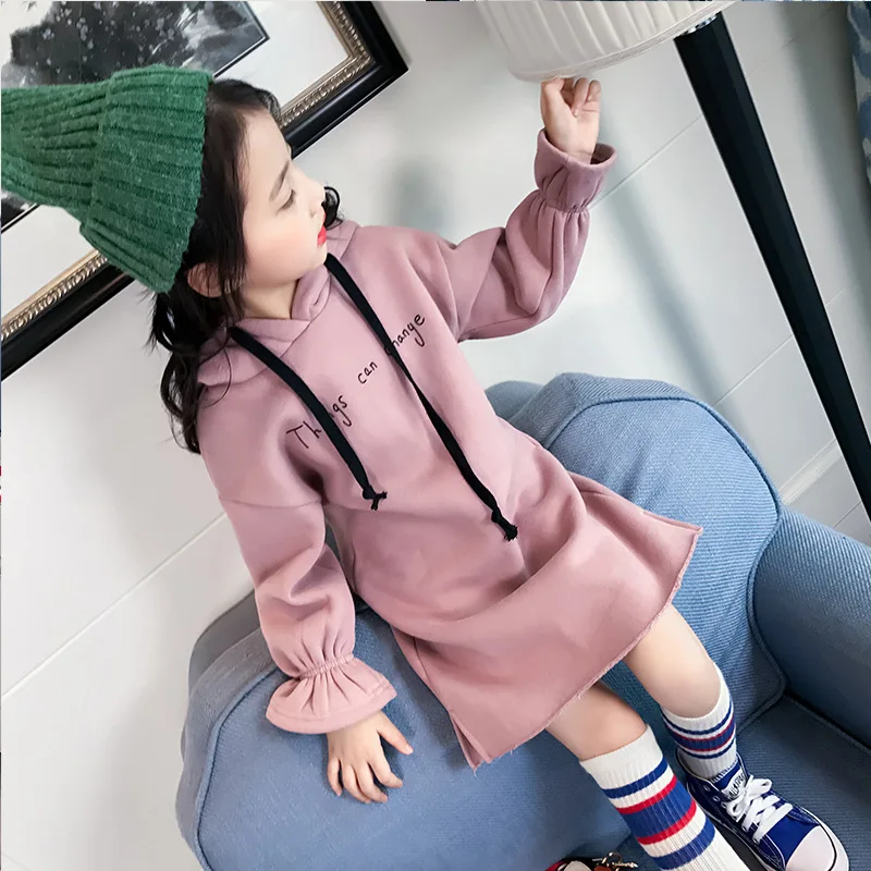 Teenage Girls Dress Winter Long Sleeve Hoodies Thick Warm Letter Dresses for big Girls Children's Clothing Kids Clothes