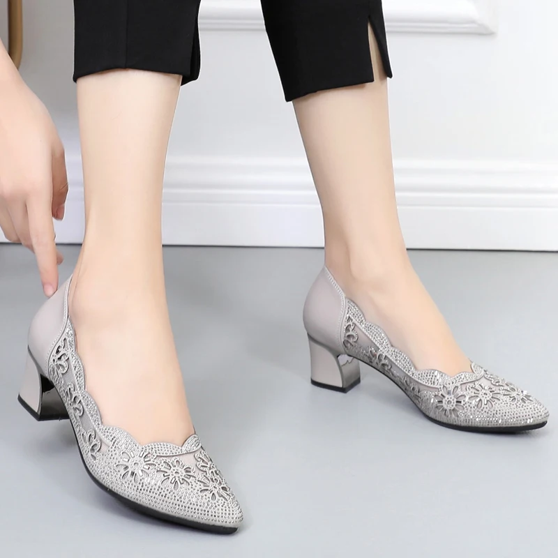 GKTINOO Summer Fashion Hollow Out Genuine Leather Pumps Women Shoes Med Heels Square Heel Mesh Ladies Office Shoes Crystal women pumps shoes