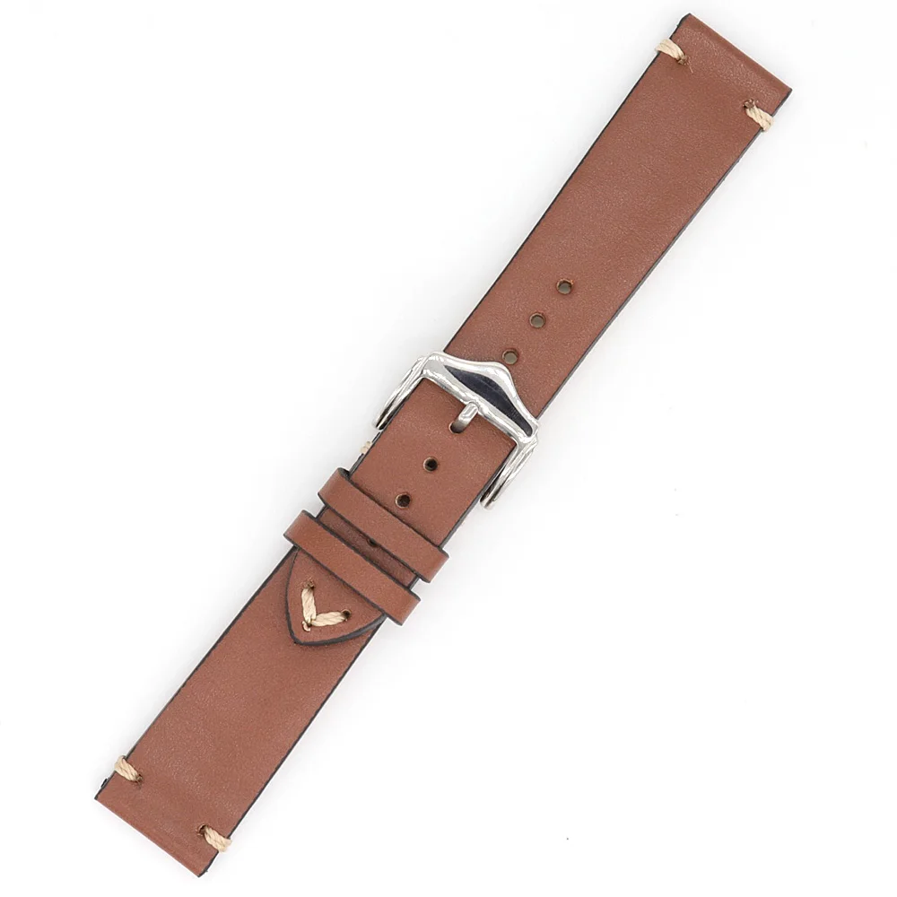 

20 22mm Top Brown Genuine Cowhide Leather Watch Band Strap Handmade Stitches Exchange Loop With Silver Pin Buckle