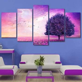 

5 Panel Purple Tree Canvas Painting For Living Room Modern Printing Type Modular Picture Wall Art Fashion Home Decoration