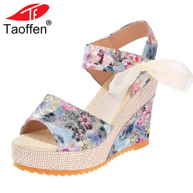 

TAOFFEN Vintage Women Flower High Wedges Sandals Cross Strap Platform Peep Toe Wedges Sandals Summer Beach Shoes Size 35-40