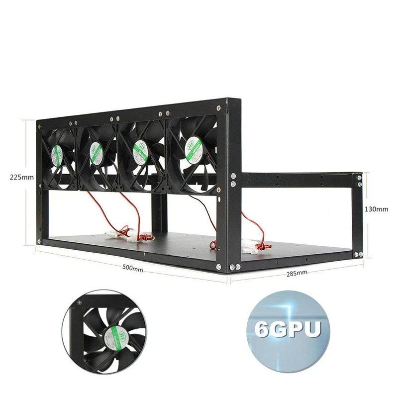 6 GPU Mining Rig Aluminum Computer Case + With 4 Fans Open Air Frame For ETH ZEC/Bitcoin