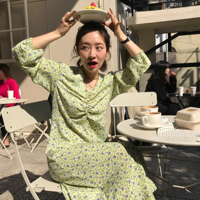 

Sunny Day String Up V Neck Dress Spring Summer Floral Print Romantic Dress Robe Femme Vestido Mujer Vestiti Donna