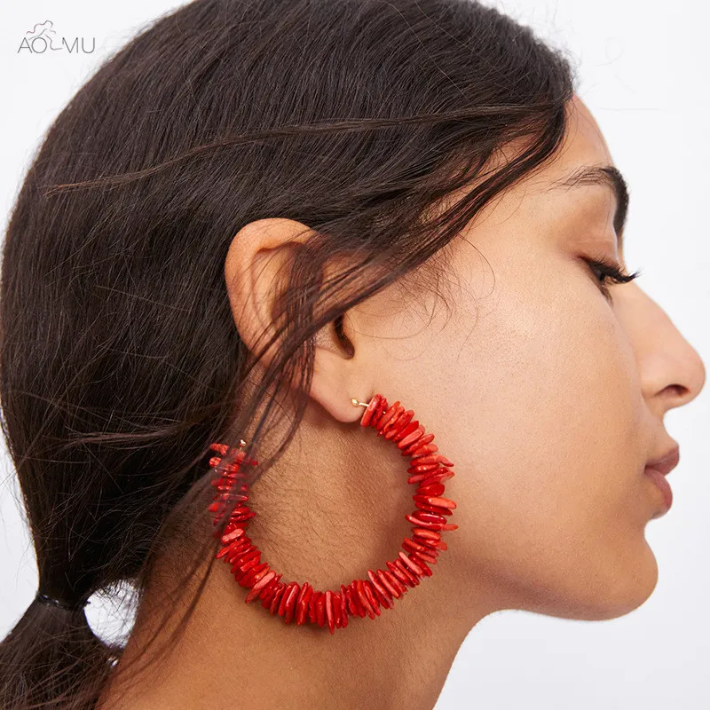 

AOMU Exaggerated Creative Occident C-shaped Irregular Geometric Red Stone Big Round Stud Earrings for Women Gift Wedding Jewelry