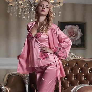 

Summer Autumn Ice Silk Pajamas Female Three Piece Suit Sexy Sling Night Summer Lace Embroidery Silk Home Service Pyjamas Women