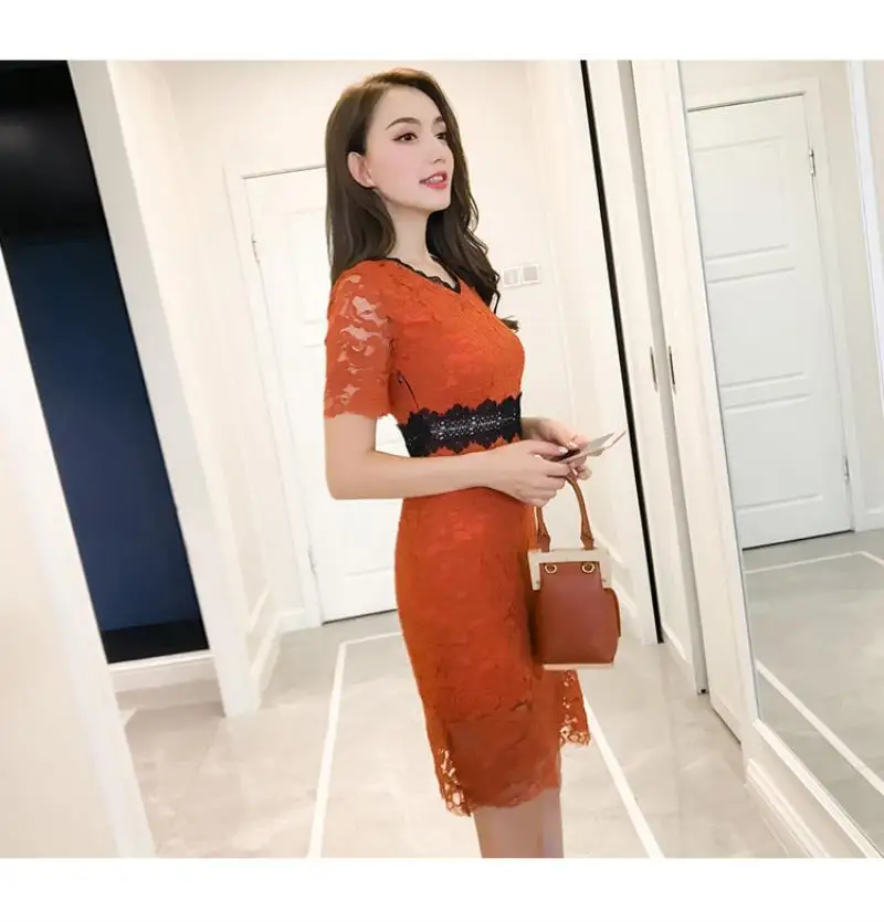 2018 New Red Blue Spring Summer Lace Women dress Short Sleeve Slim Collect Waist In Long Dresses S-XL