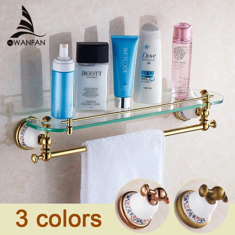 Luxury Bathroom Shelf Antique Brass Ceramic Glass Shelf with Towel Bar