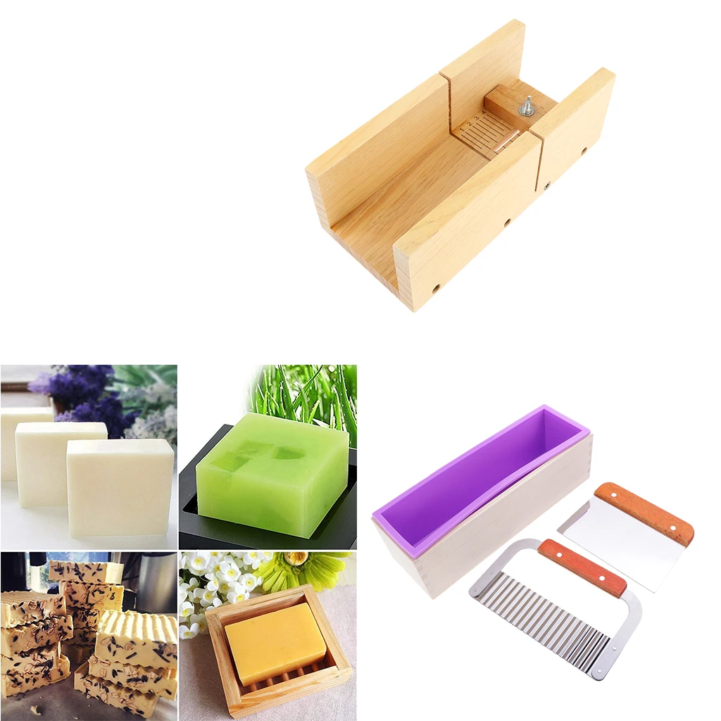Wooden Soap Loaf Cutting Mould + Rectangle Silicone Soap Mould With Wood Box + 2pcs Wavy & Straight Cake Soap Cutter
