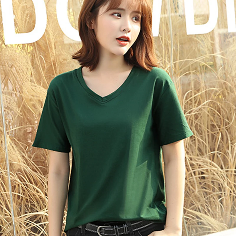 Cotton Basic T shirt Women High Quality V Neck 9 Candy Color Plain