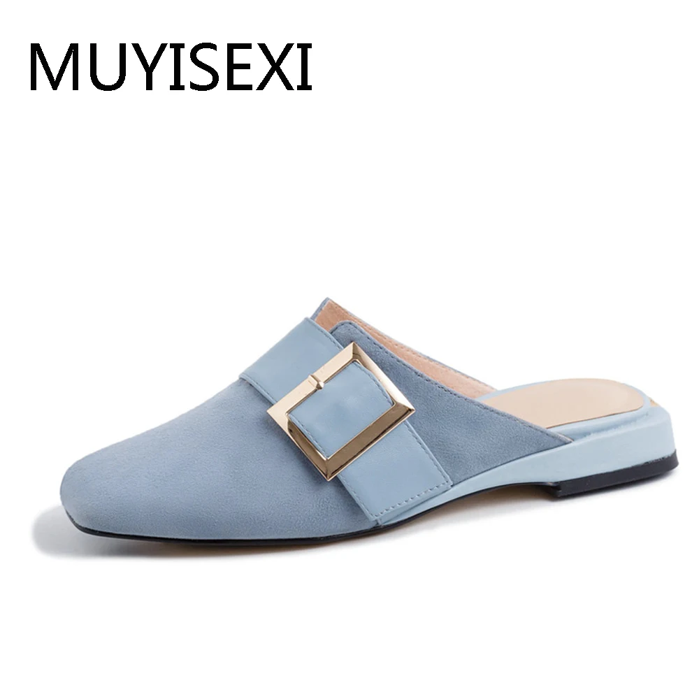 Blue Flat Brand Mules Solid with Buckle Full Genuine Leather Shoes Women Casual Comfortable Apricot Black 34-40 MMS07 MUYISEXI