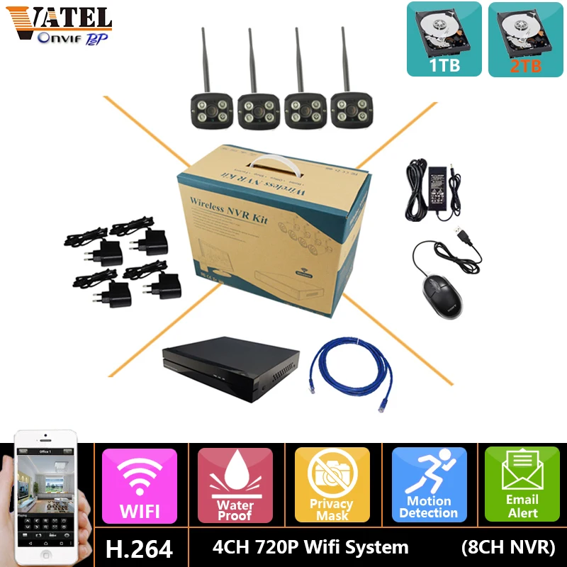wifi System Kit 4PCS 720P HD Wireless IP Camera WIFI 8CH NVR kit Video 1080p Network Security Camera CCTV System with 2TB HDD