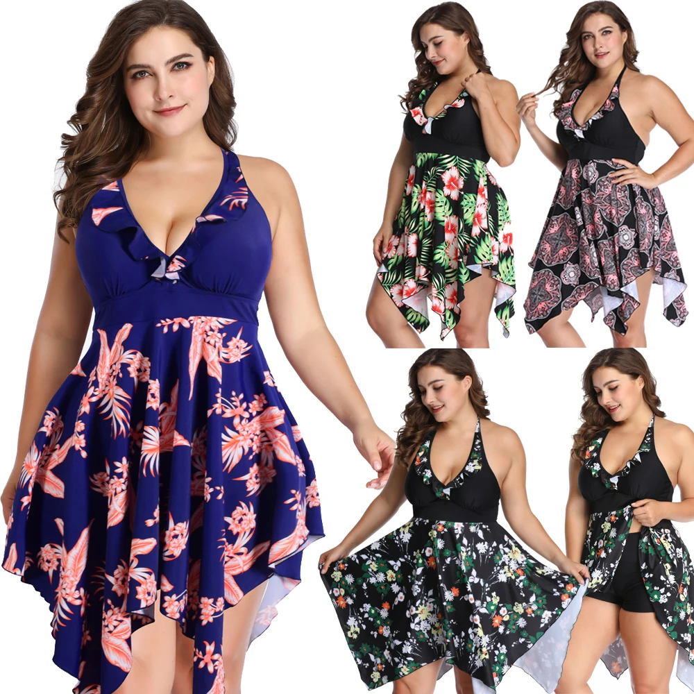 

ITFABS 2019 Plus Size 6XL Women Ladies Tankini Bikini Ruffle V-Neck Swimsuit Print High Waist Swimwear Female Bathing Suit