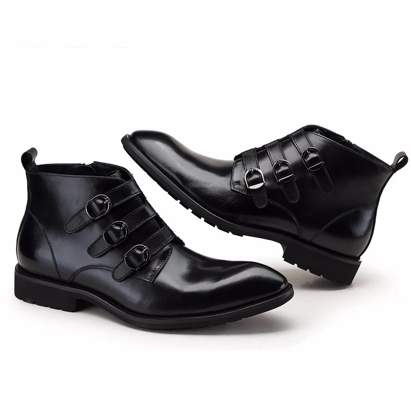 Модные черные ботильоны с тремя пряжками; мужская повседневная обувь; мотоботы из натуральной кожи; Мужская Уличная обувь