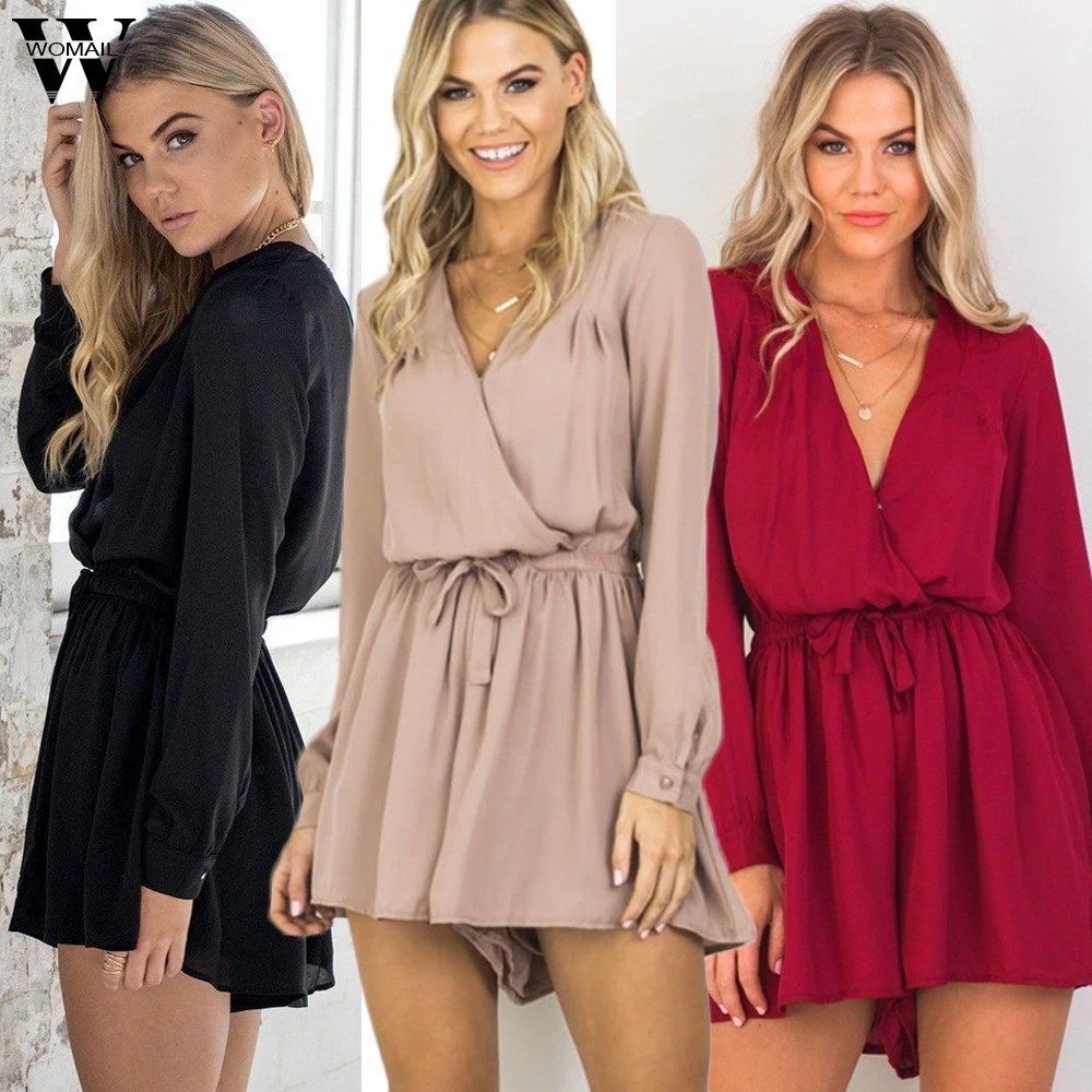 Womail ارتداءها المرأة الصيف عطلة مثير الخامس الرقبة طويلة الأكمام الشيفون Playsuit السيدات بذلة وزرة جديد 2019 M4