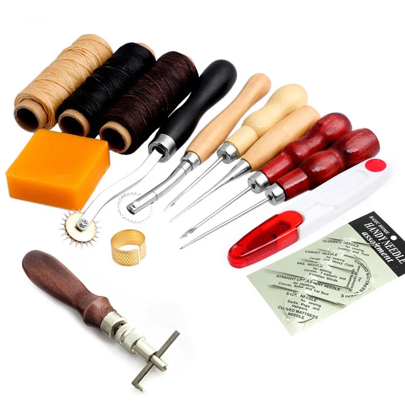 13Pcs Leather Craft Hand Stitching Sewing Tool Thread Awl Waxed Thimble