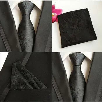 

Men Plain Black Paisley Floral Neckties Pocket Square Handkerchief Set Lot HZTIE0062