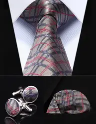 Свадьбу классического платок галстук tzc02a8 серый розовый Проверьте 3.4 "шелк Для мужчин Галстук платок Запонки Набор