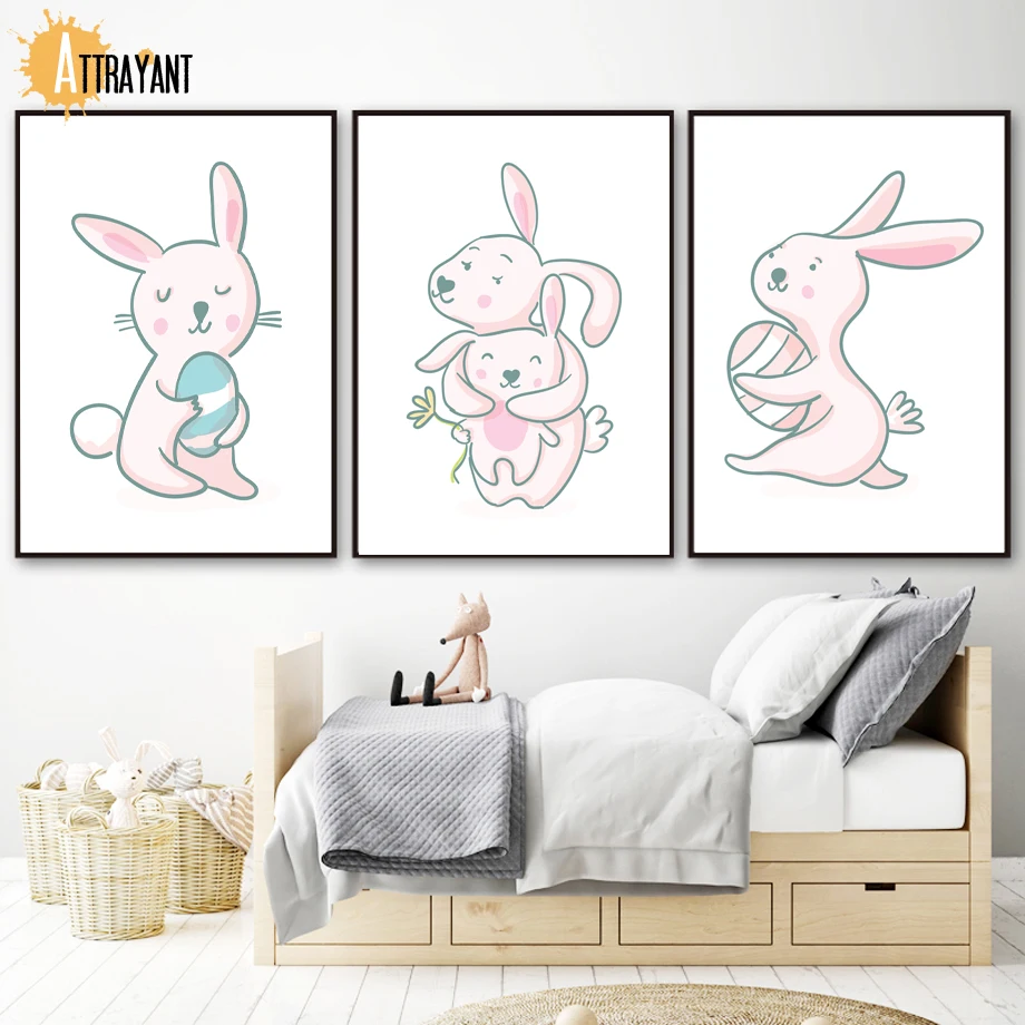 

Pink Rabbit Wall Art Canvas Painting Nordic Posters And Prints Wall Pictures For Kids Bedroom Baby Boy Girl Room Home Decor