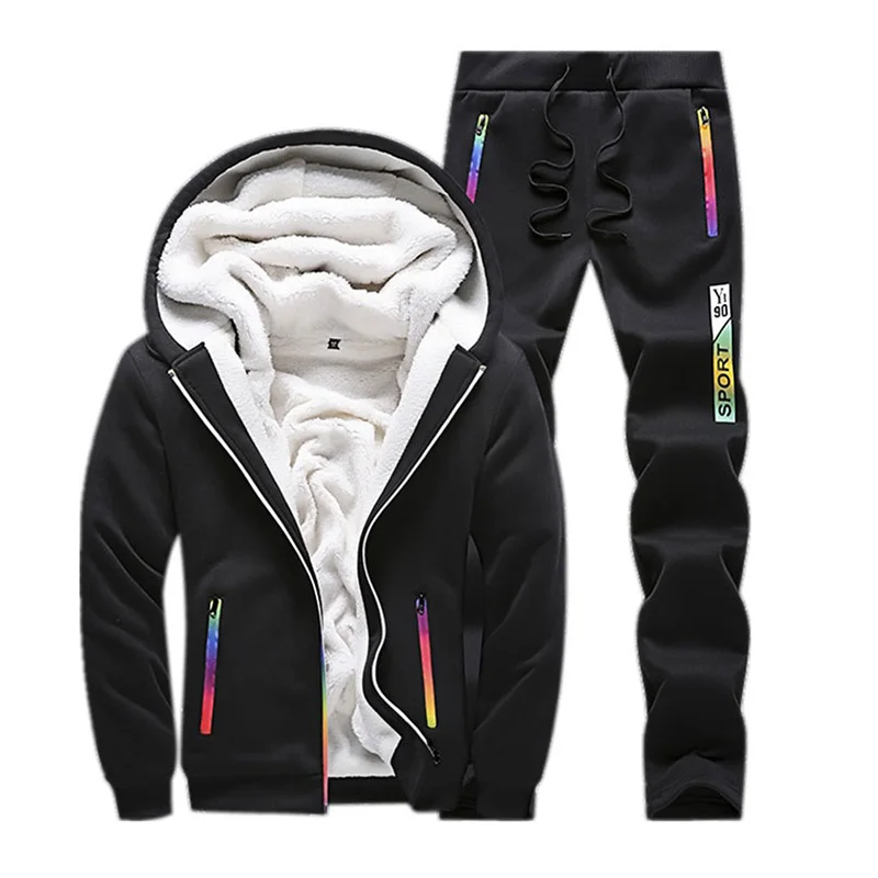 Casual Sweat Suits Men Clothes Winter Tracksuit Mens Set Two Piece Inner Fleece Thick Hooded Jacket+ Pants Man Track Suit - Цвет: EM118 Black