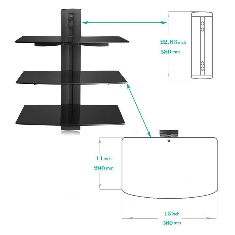 Черная 3 плавающая полка с усиленным закаленным стеклом для dvd-плееров/кабельных боксов/игровых консолей/ТВ аксессуаров 3 полка, Черная