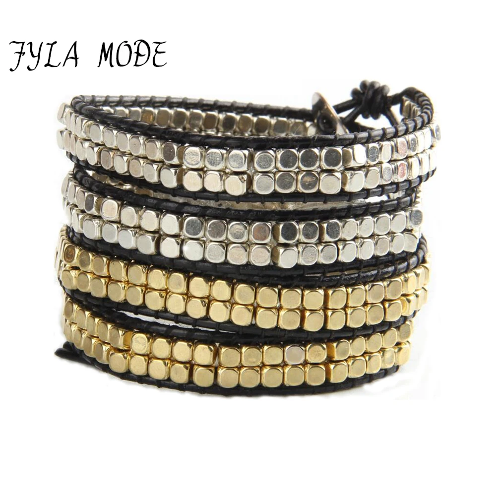 

Fyla Mode Fashion Jewelry Handmade Leather Bracelet 4 Wrap Bracelet CCB Gold Silver Plated Square Beads Leather Wrap Bracelet