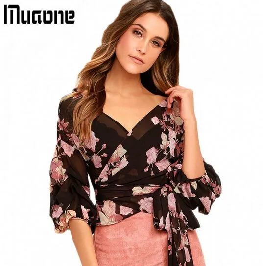

MUAONE Floral Print Women Wrap Chiffon Blouses Shirt Tie Waist Peplum Crop Tops Lantern Sleeves Shirts Ladies Tops A24Q30205