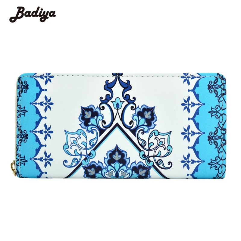 

Badiya Fashion Women National Wind Printing PU Leather Long Wallet Ladies Phone Clutch Coin Purse Card Holder Ladies Carteira