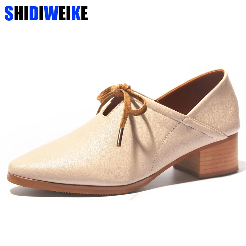 

2018 spring Autumn Women Fashion Square heel Pumps Shoes Pointed Toe Lace-Up Med Heels Woman Shoes ladies PU leather M407