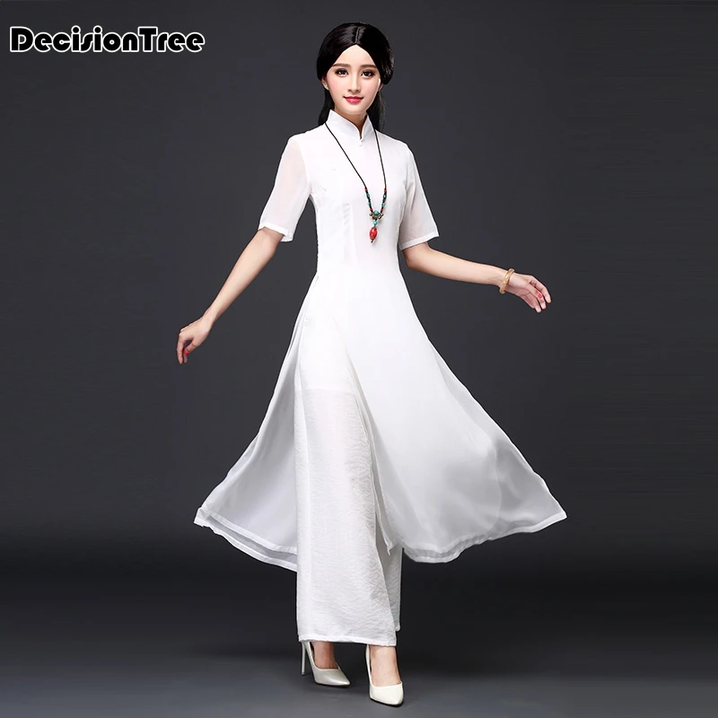 

2019 folk style vietnam robes chiffon aodai graceful dress stand collar elegant traditional clothing floral aodai