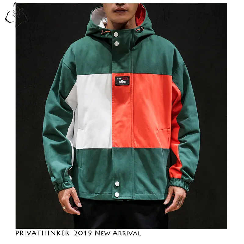 

Privathinker 2019 Man New Windbreaker Jackets Mens Harajuku Zipper Hat Jackets Male Autumn Patchwork Oversize Casual Jacket