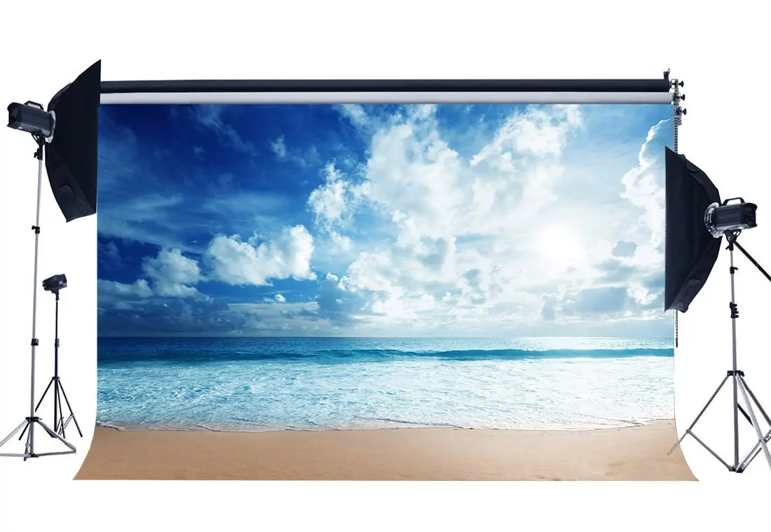 

Seaside Sand Beach Backdrop Waves Blue Sky White Cloud Nature Romantic Summer Holiday Journey Ocean Background