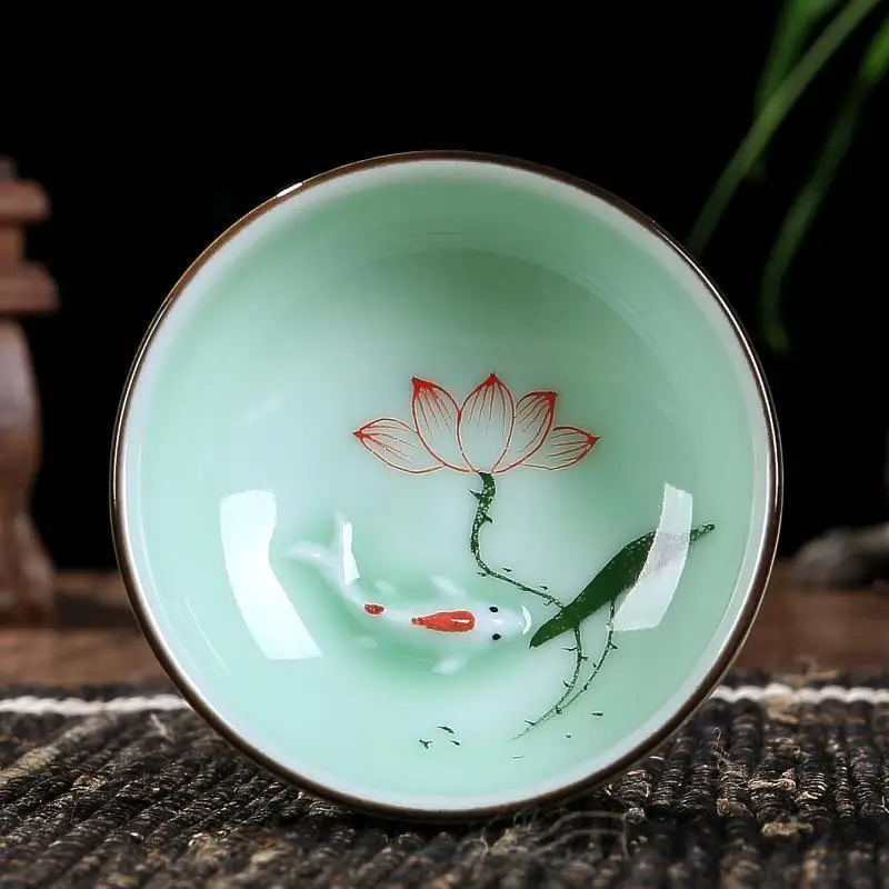2 шт./лот Longquan Celadon чайная чашка ручная роспись пейзаж узор маленькие чайные чаши
