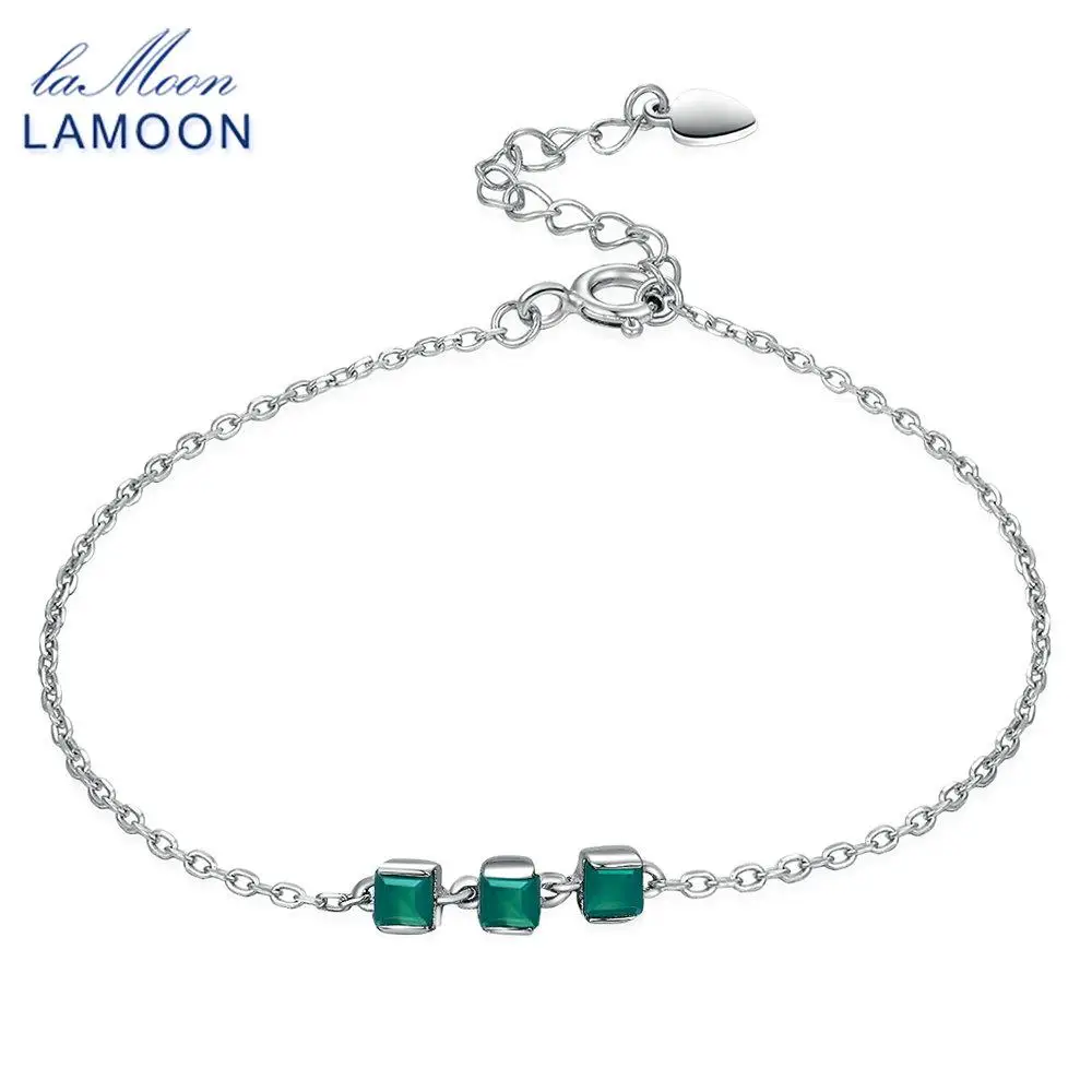 Lamoon 2mm 100% Natural Square Green Chalcedony 925 Sterling Silver Bracelet Chain Charm Jewelry S925 LMHI017