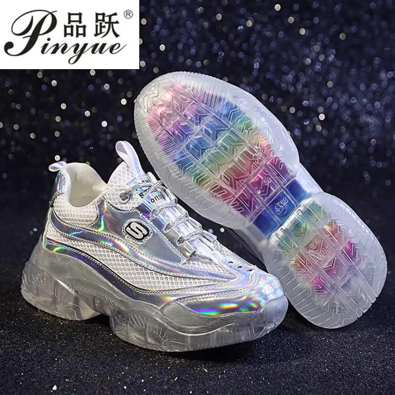 

Spring New Chunky Sneakers Harajuku Casual Platform Sneakers Transparent Jelly Shoes Rainbow Sole Bling Sneakers