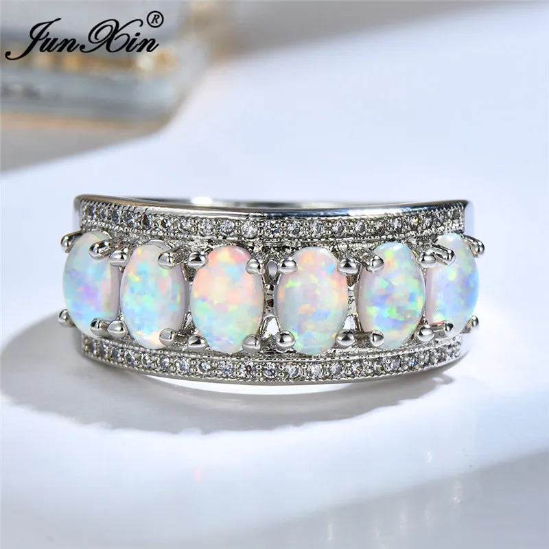 

Boho Big White Fire Opal Stone Ring Vintage 925 Sterling Silver Wedding Rings Promise Love Heart Engagement Rings For Women