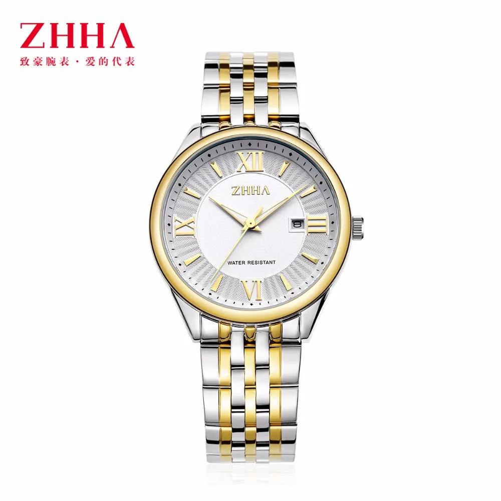 ZHHA Lovers Women Man Gold Wristwatch Stainless Steel strap Analog Quartz Fashion Casual Watch ZW072 Masculino