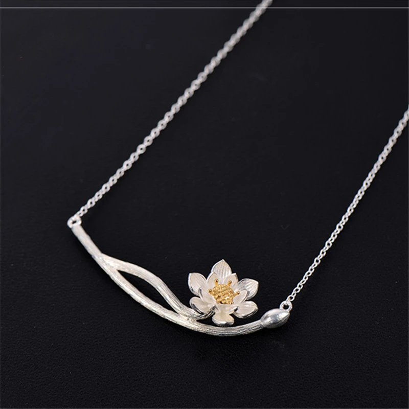 

Drop Shipping 925 Sterling Silver Necklaces Lotus Flower With Gold-color Pendants&Necklaces Jewelry Collar Colar de Plata