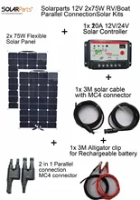 Solarparts 2x75W DIY RV/Boat Kits Solar System 2 x75W flexible solar panel 1x 10A solar controller 1 set 3M MC4 cable 1 set clip
