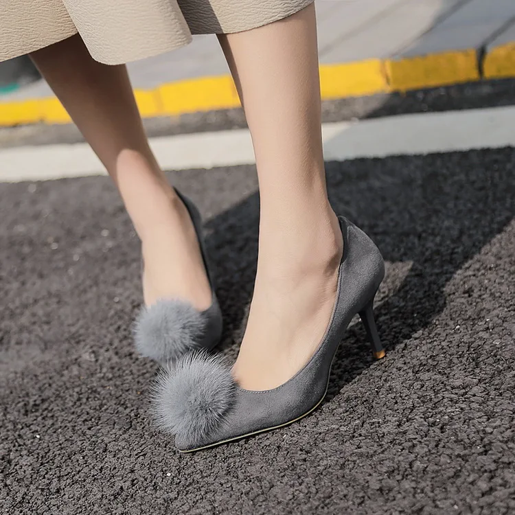 LALA IKAI Fur Pompon Decoration Women's Heels 2017 Fashion Flock 2017 Women's Pumps Wedding Shoes 040C0922-4 (6)