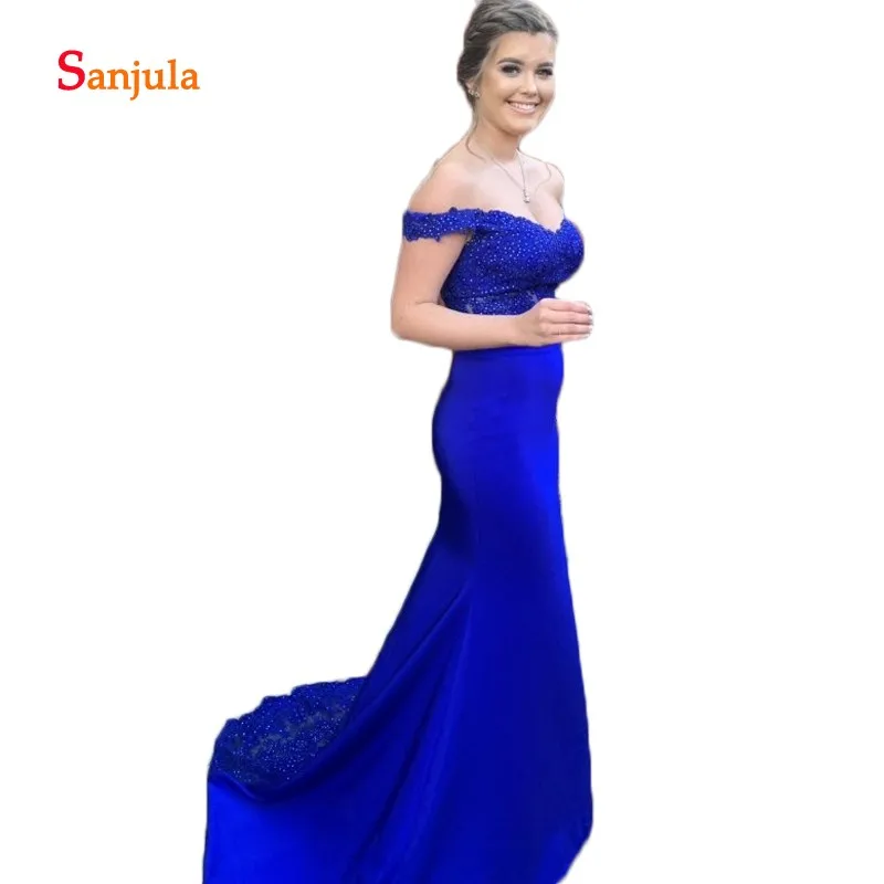 

Two Piece Royal Blue Prom Dresses Sweetheart Appliques Beaded Attractive Long Graduation Dresses vestidos de gala D1032