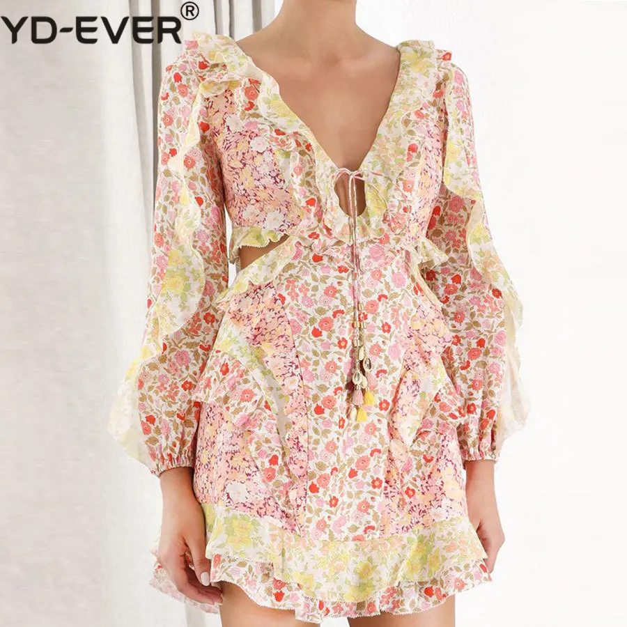 

2019 New Arrival Women Dress Flower Printed Sexy V-neck Ruffled Dress Women Long Sleeve Holiday and Vocation Sexy Dress