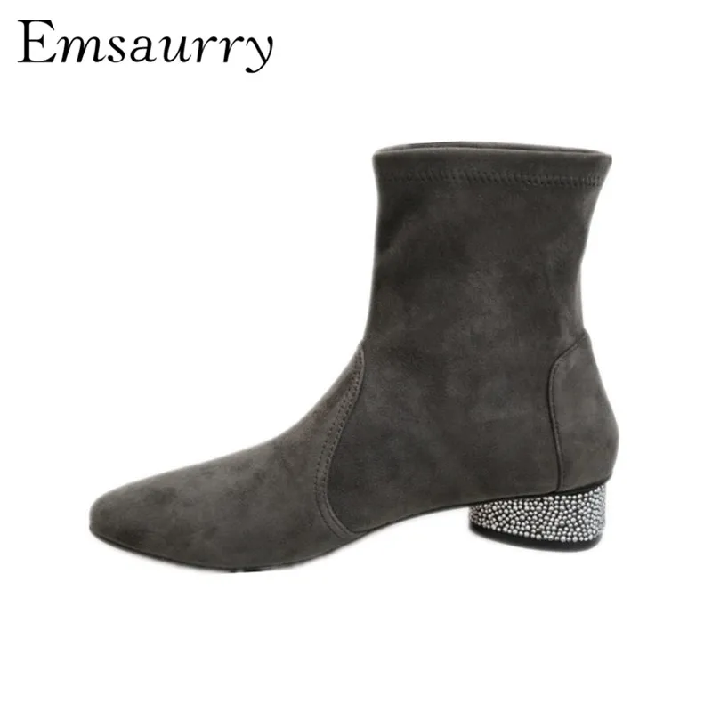 

Concise Suede Ankle Boots Women Autumn Winter Slim Short Booties Square Heel With Rhinestone Women Boots