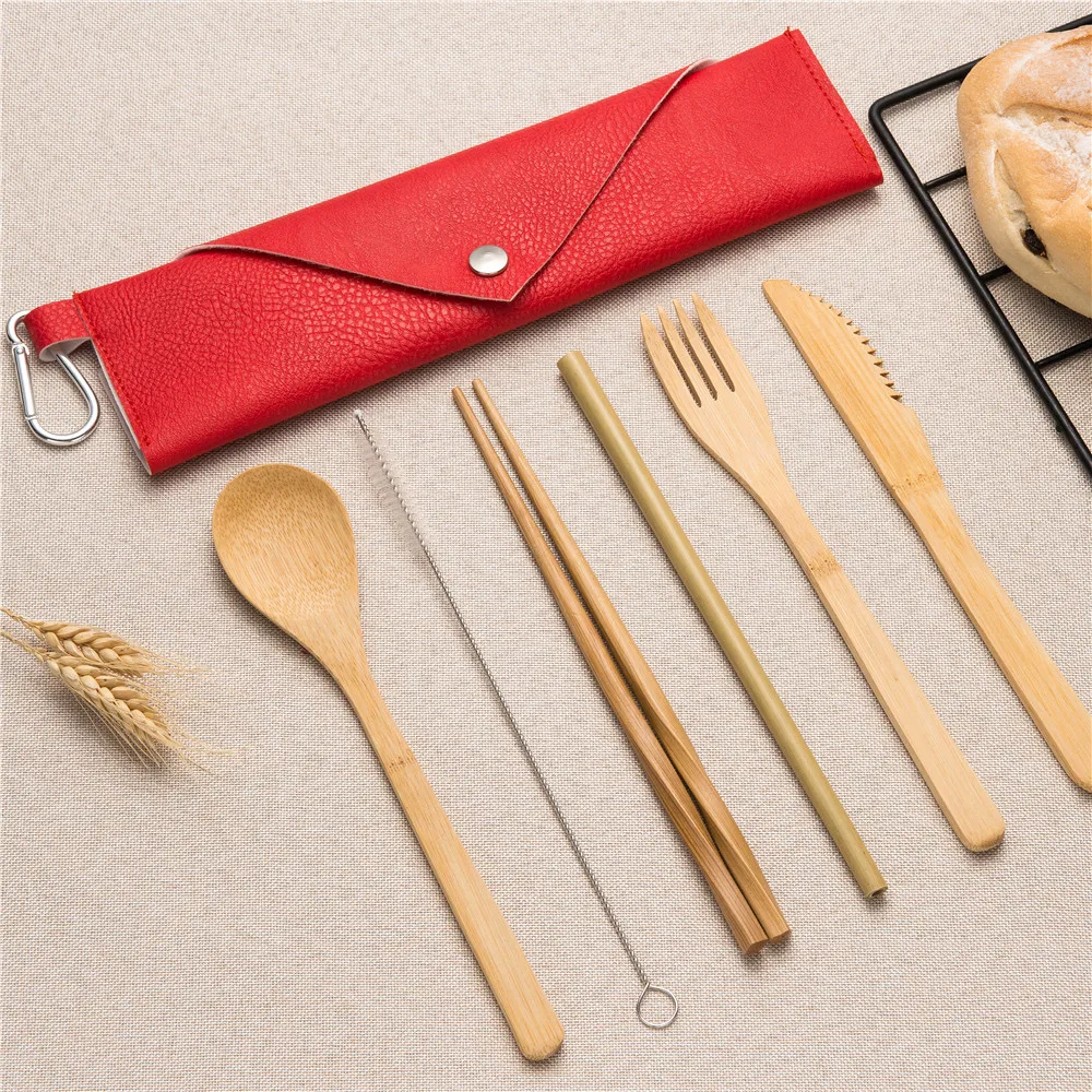 

Portable Wooden Tableware Set Korean Wooden Cutlery Fork Knife Spoon Chopsticks Straw Set Brush Cloth Bag for Camping Tableware