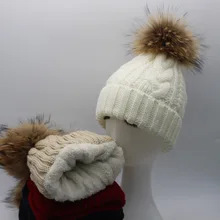 2016 New Womens Warm Fleece Inside Beanie Hats Winter Mink Raccoon Fur Pompom Hat Female Cap