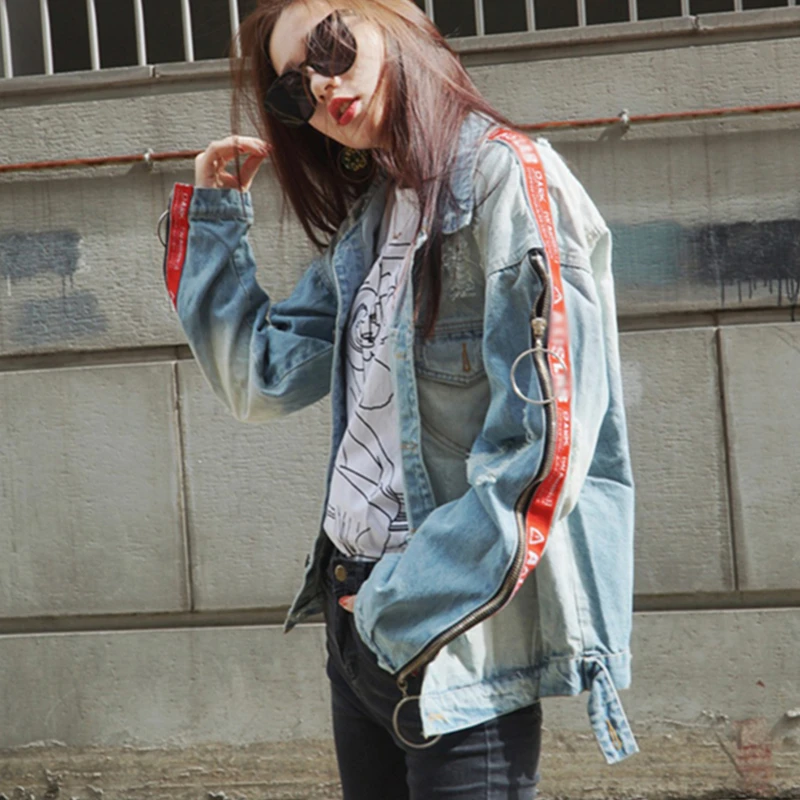 Chaquetas Mujer Blue Vintage Jean De Vestes Effilochée Mode Femmes Denim 2018 Printemps Zipper Automne Slim Base Lâche Hoop Wyf66 Trou Manteaux TxzURx
