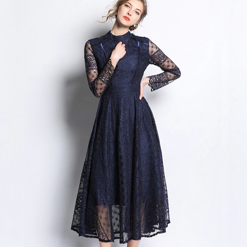 

High Quality Runway 2019 Spring Summer elegant dress New Fashion Women Party Office Hollow Out Vintage Lace Long Sleeved Dress