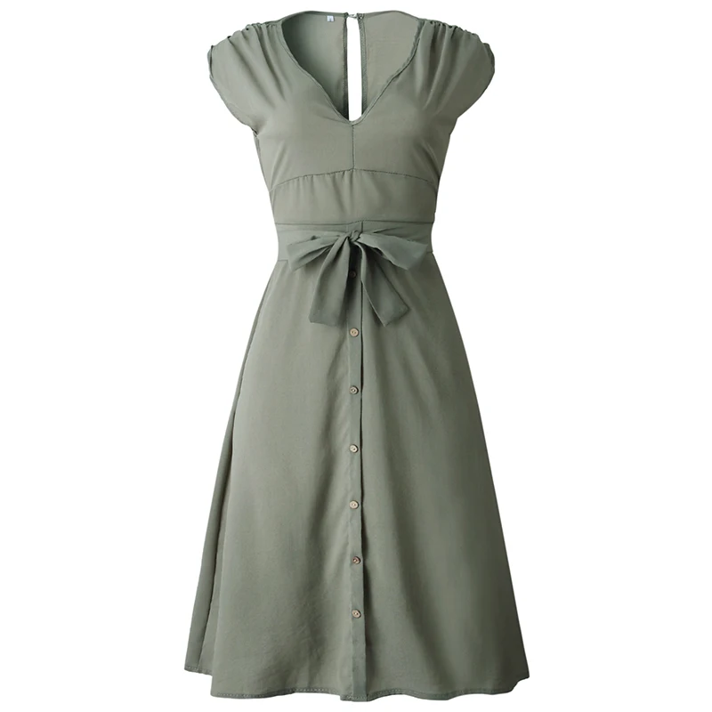 Women's Striped Mid-Calf Dress New Fashion Button Sexy V-Neck Short Sleeve Dresses Vestidos Female Casual Daily Party Sundress