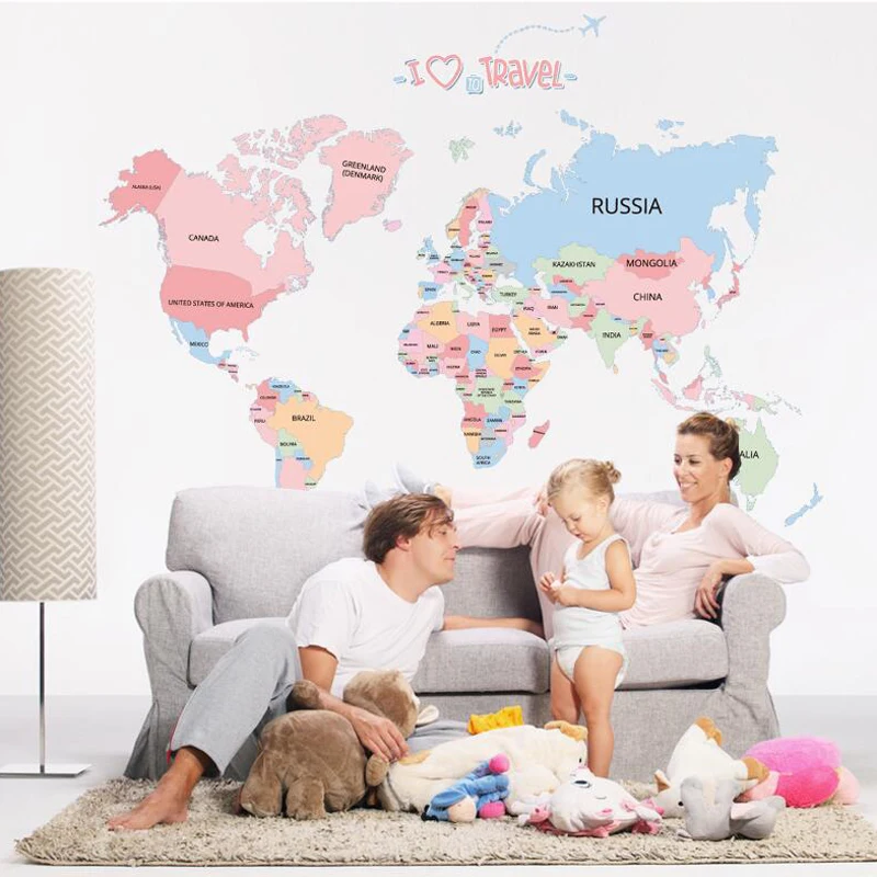 

3D world map wall sticker for kids rooms removable colorful nursery wall decals adhesive school stikers