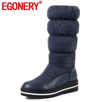 

EGONERY Snowflake pattern Handmade Non-slip Down snow mid calf boots spring winter plush inside Low heel 4cm woman warm shoes