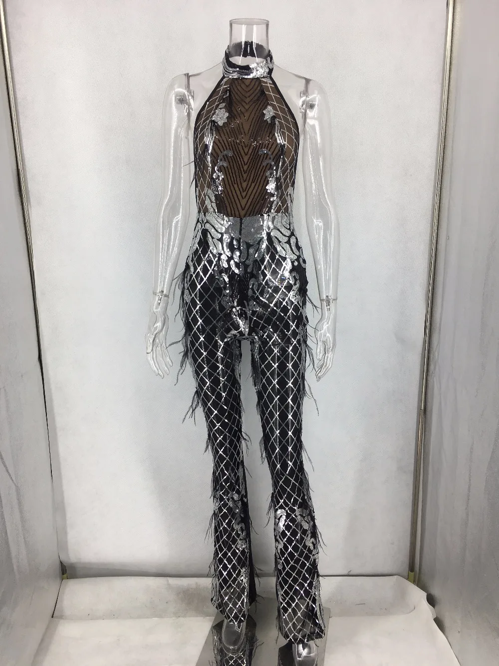 Sexy Black Mesh Sequin bodysuit women befree See Through Backless sleeveless Summer one piece Night club Party jumpsuit overalls